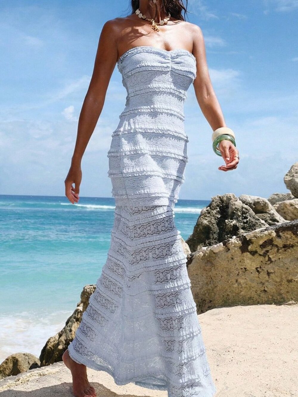 Baby Blue Casual Women's Knit Spaghetti Strap Bodycon Maxi Dress - Picture 6 of 7